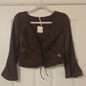 NWT Free People Brown Bell Sleeve Crop Blouse